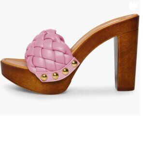 FSJ Pink Women Braided Open Toe Chunky High Heel Sandal Woven Slip On Mule